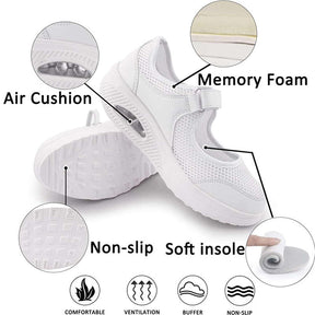 Women Casual Air Cushion Sneakers Velcro Mary Jane Shoes-White