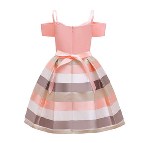 Flower Girls Elegant Dresses Toddler Wedding Pageant Off Shoulder Stripe Dress-Pink