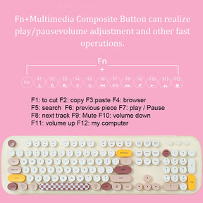 Wireless Keyboard and Mouse Combo Cute Cat Colorful Round Keys for Computer-Pink