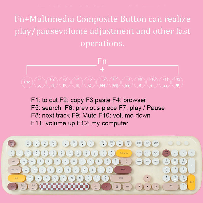 Wireless Keyboard and Mouse Combo Cute Cat Colorful Round Keys for Computer-Pink