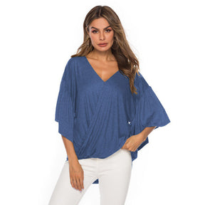 Womens Summer Ruffle Sleeve V-Neck T-Shirt Knot Tops-Blue