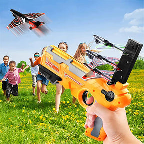 Bubble Catapult Airplane One-Click Ejection Shooting Game Toy with 4 Pcs Glider Airplane-Yellow