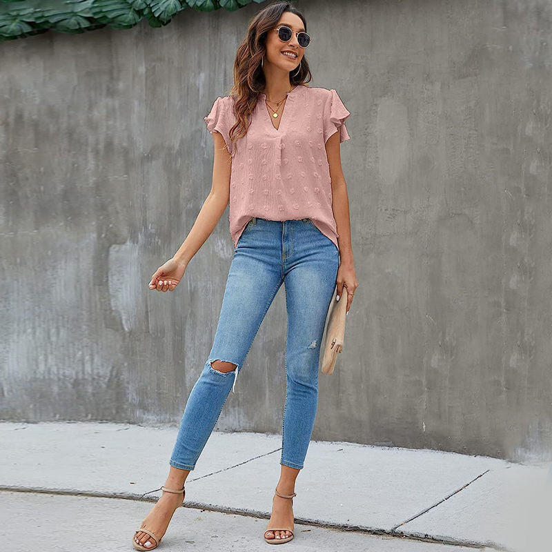 Womens Ruffle Shirts V Neck Short Sleeve Pom Chiffon Blouses Tops-Lotus Root Pink