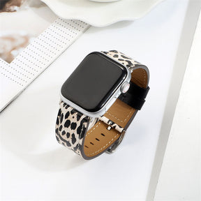 Genuine Leather Apple Watch Band Leopard Wristband for iWatch Series SE/6/5/4/3/2/1-White