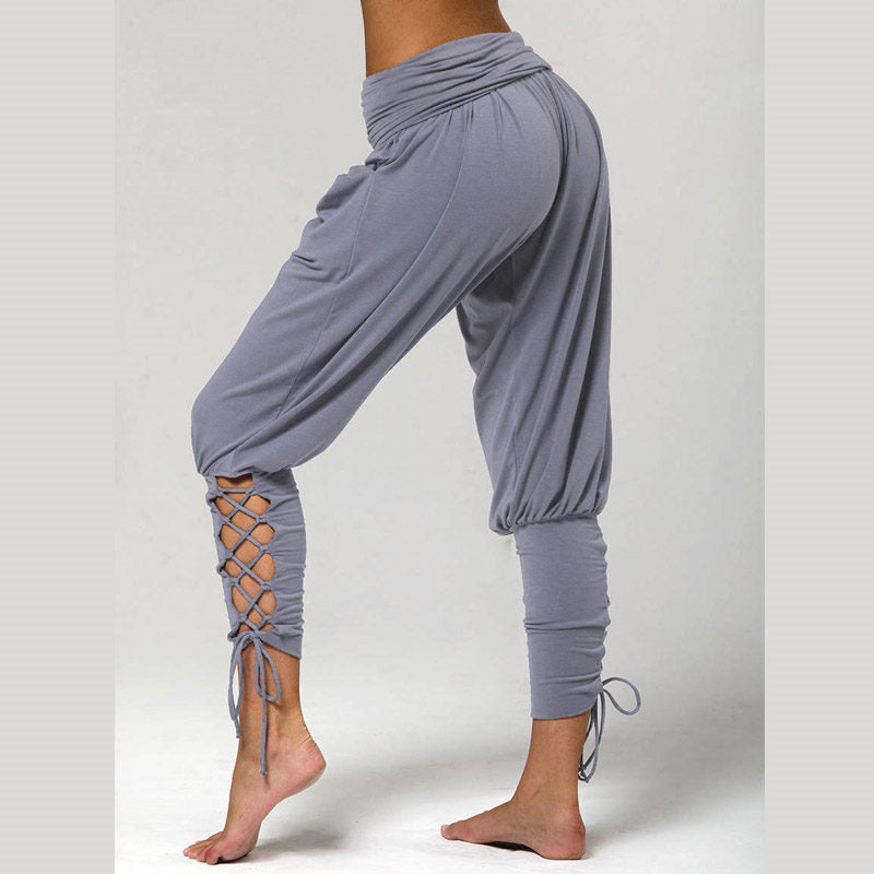 Womens Solid Color High Waist Lace Up Pants Fitness Loose Pants with Pockets-Gray