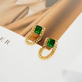 Pair Of Vintage Green Zirconia Chain Earrings For Women