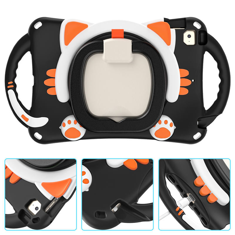 CatB Silicone Case For iPad Mini 5 4 3 2 1 Shockproof Shoulder Strap Handle Stand-Black Orange