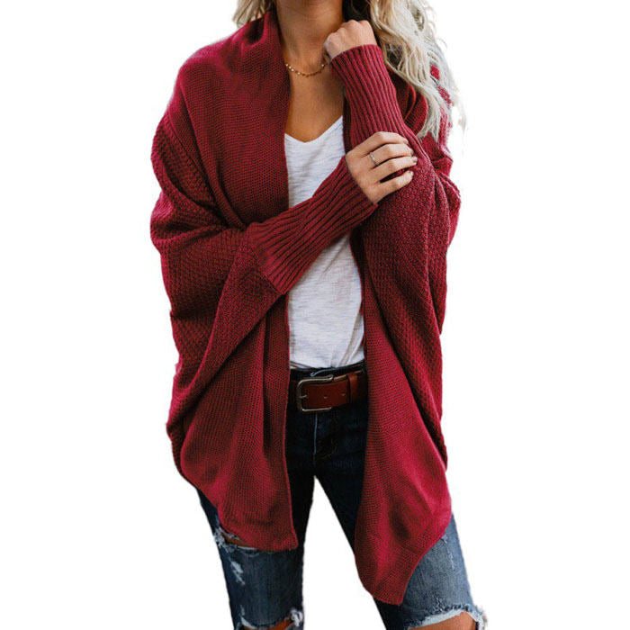 Women's Batwing Knitted Oversized Slouchy Solid Cardigan Sweater Knit Outwear-Red
