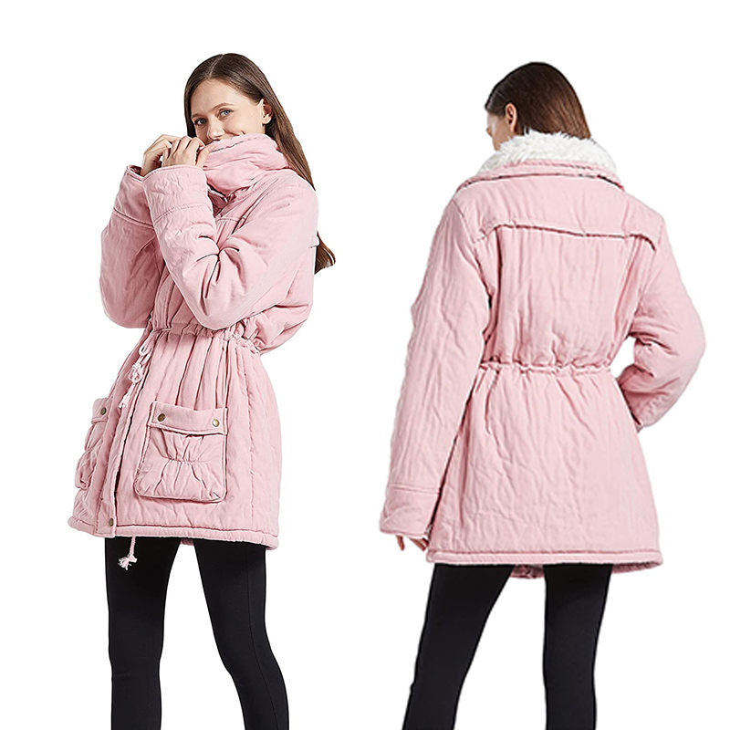 Women's Mid Length Winter Coat Thickened Warm Lamb Wool Lined Jacket-Pink