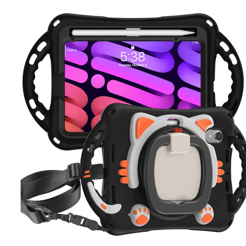 CatB Silicone Case For iPad Mini 6 Shockproof Shoulder Strap Handle Stand-Black Orange