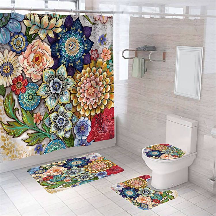 4 Pcs Shower Curtain Set Bath Mat U Shape and Toilet Lid Cover Mat with 12 Hooks-A3