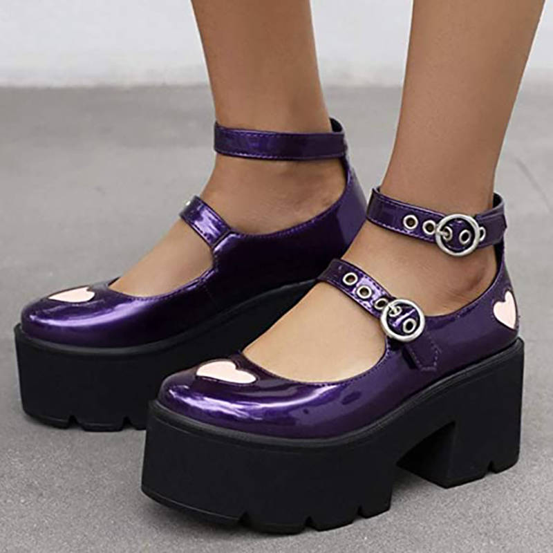 Womens Chunky Heel Goth Platform Mary Jane Lolita Wedges Dress Shoes-Purple