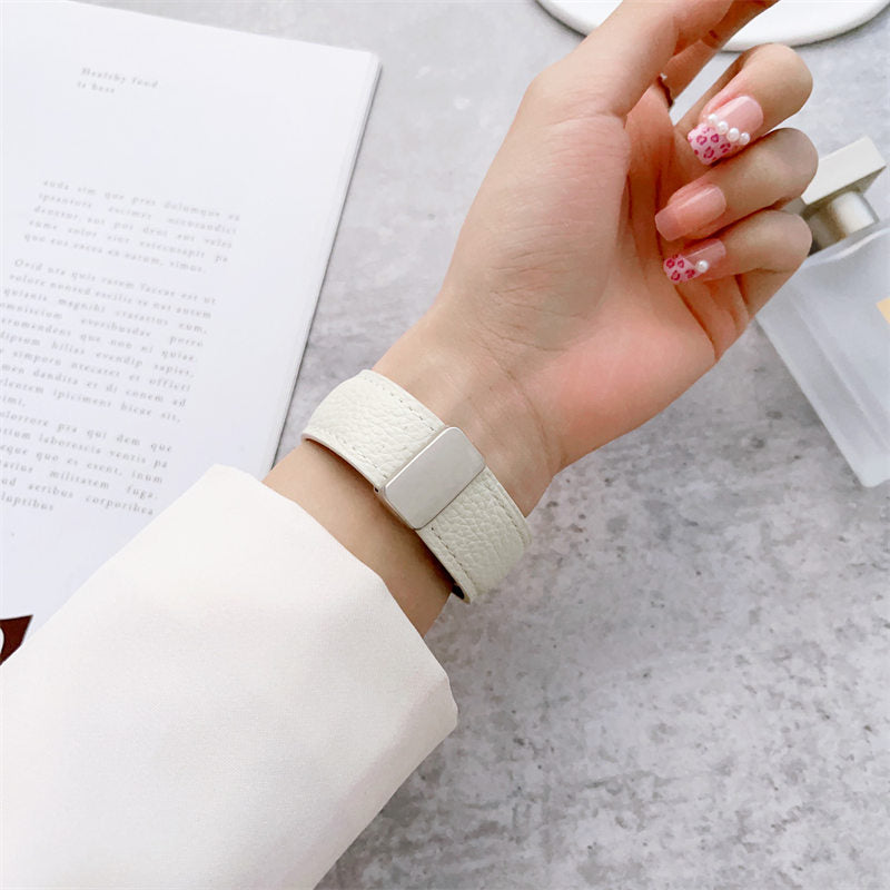 Litchi Grained Leather Band with Magnetic Buckle for Apple Watch-White