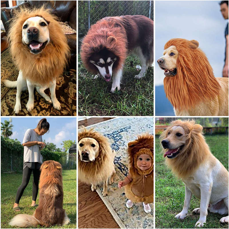 Dog Lion Mane Halloween Realistic Funny Lion Mane Lion Wig for Medium to Large Sized Dogs-RedBrown