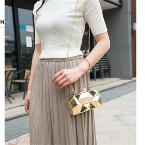 Women Lattice Pattern Metal Handbag Chain Geometric Evening Clutch Purse-Gold