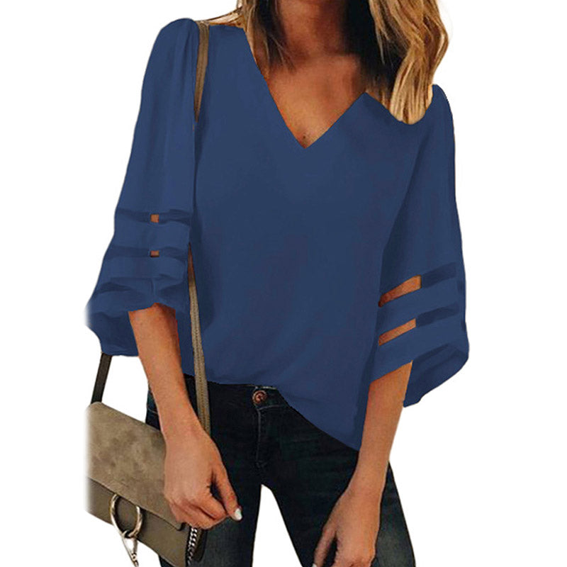 Womens V Neck 3/4 Sleeve Blouse Mesh Panel Shirt Solid Flowy Loose Top-Royal Blue