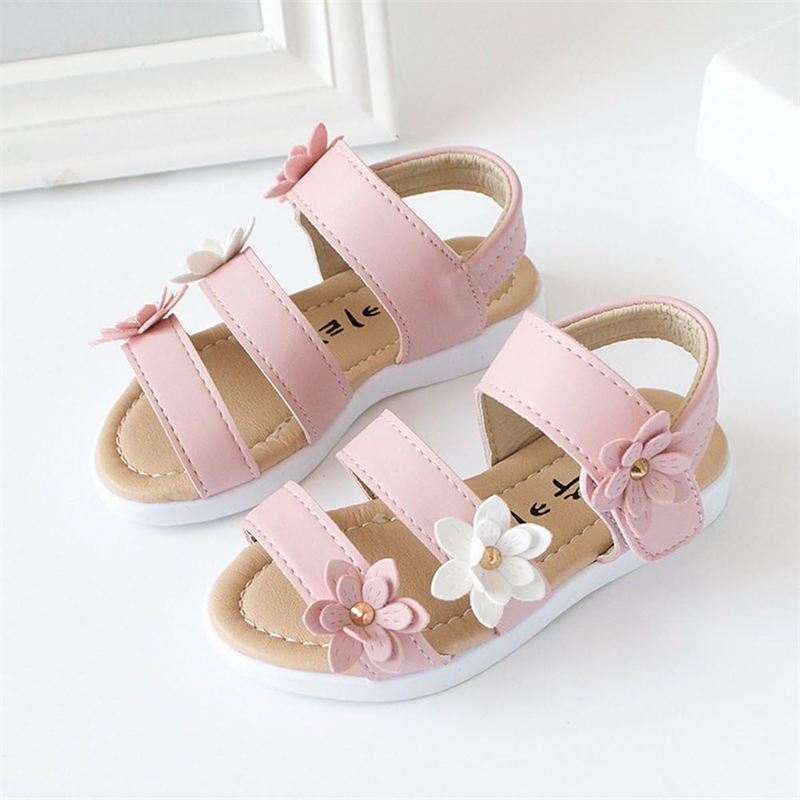 Girls Fashion Flower Sandals Flat Open Toe Shoes for Summer-Pink