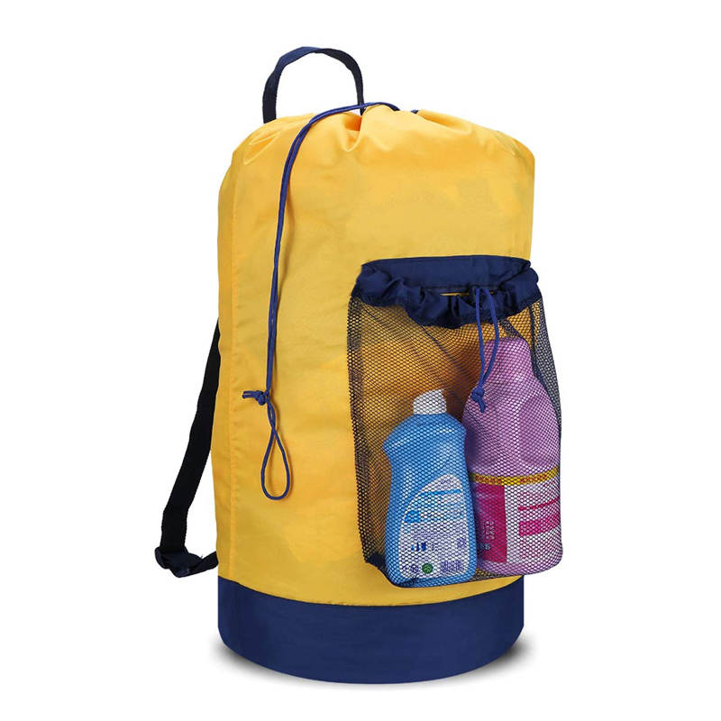 Backpack Laundry Bag With Shoulder Straps And Mesh Pocket Durable Nylon Clothes Bag for College Travel Laundromat -Yellow