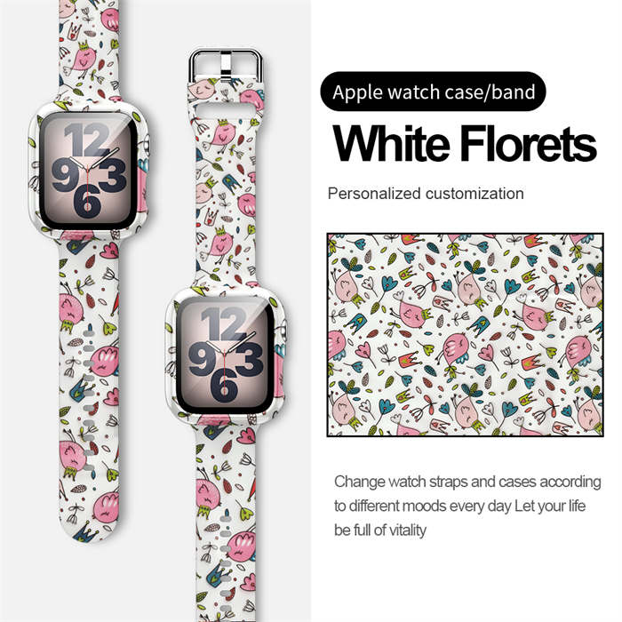 Silicone Printed Watch Band with Screen Protector Case for iWatch Series SE/6/5/4/3/2/1-WhiteFlorets