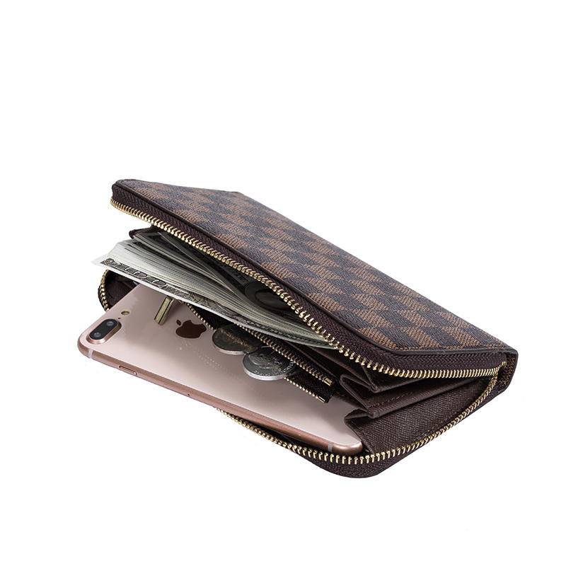 Plaid Wallet for Women Credit Card Holder Long Large Capacity Zip Handbag-Coffee