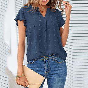 Womens Ruffle Shirts V Neck Short Sleeve Pom Chiffon Blouses Tops-Blue