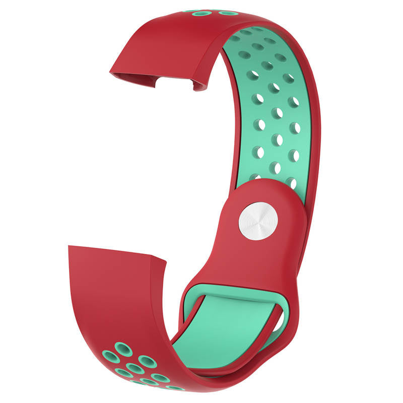 Double Color Porous Breathable Watch Band Silicone Wristband For Fitbit Charge 3 Sport Smartwatch -Red Teal