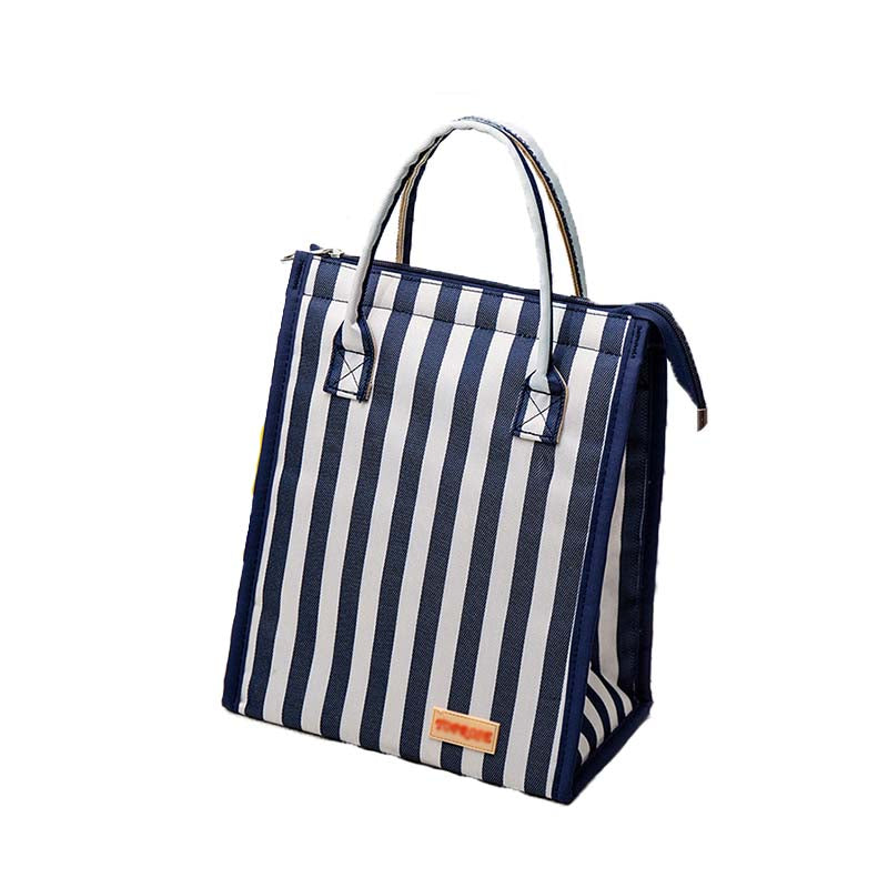 Waterproof Oxford Cloth Picnic Bag Insulated Lunch Bento Handbag-Blue Stripes