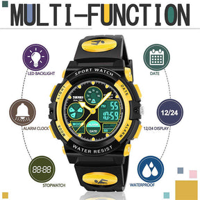 LED Multi Function Sports Waterproof Watch for Kids-Yellow