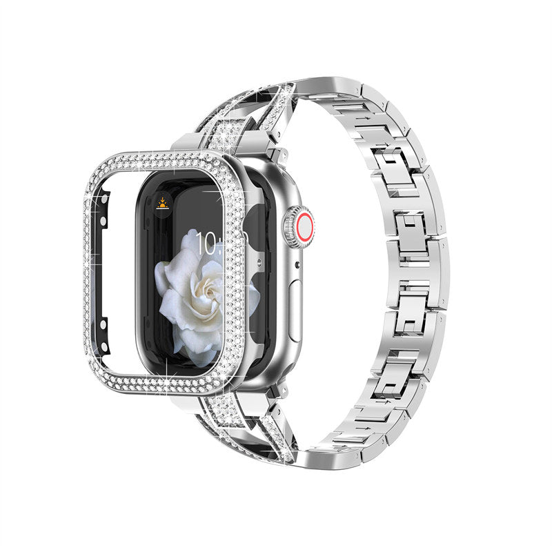 Bling Band Compatible Apple Watch with Case 38 40 42 44mm Rhinestone Cross Straps-Silver