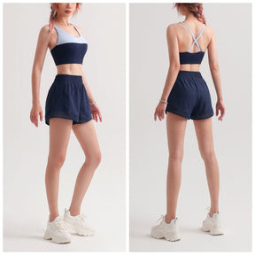Color Stitching Sports Bra with Removable Cups Criss-Cross Back Vest-Blue