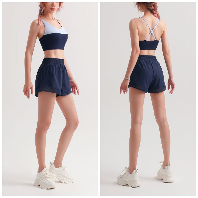Color Stitching Sports Bra with Removable Cups Criss-Cross Back Vest-Blue