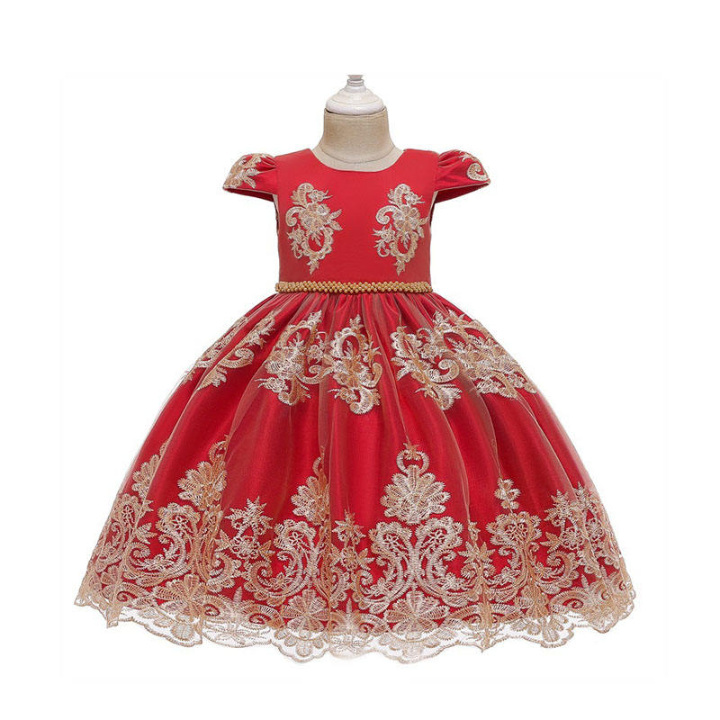 Girl Flower Lace Printed Cotton Elegant Tulle Bow Belt Princess Dress-13Red