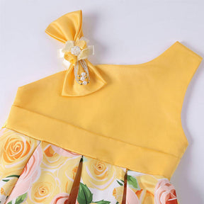 Oblique Shoulder Childrens Dress Rose Print Dress Girls Evening Party Costume-Yellow