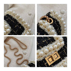 Women Tweed Pearl Chain Purse Crossbody Bag-White