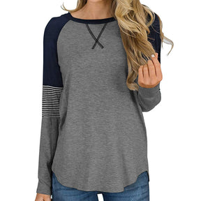 Womens Color Block Round Neck Tunic Top Casual Long Sleeve Shirt-Gray