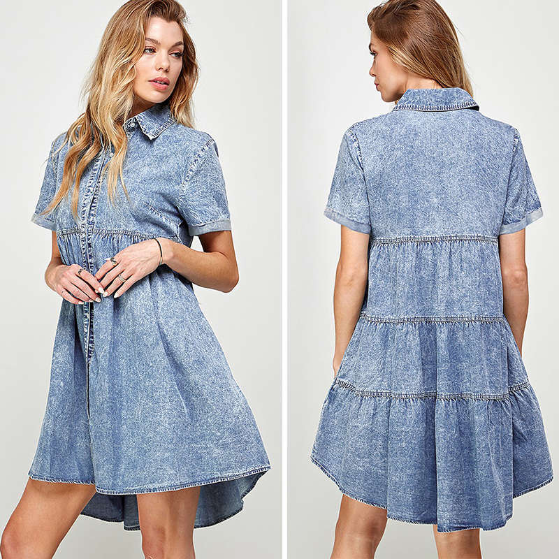 Womens Casual Denim Dress Short Sleeve Button Down Tiered Babydoll