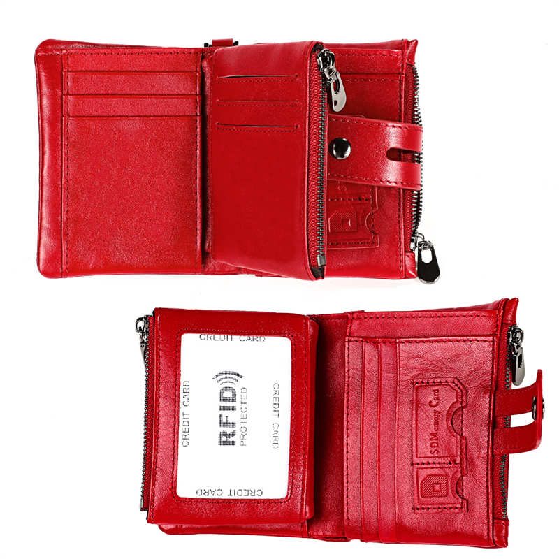 Vintage Womens RFID Blocking Leather Wallet Small Chain-Red