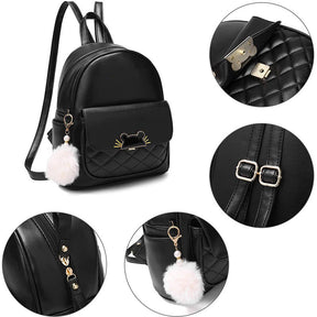 Mini Backpack for Women Cute Leather Small Bookbag with Cat Shaped Lock-Black