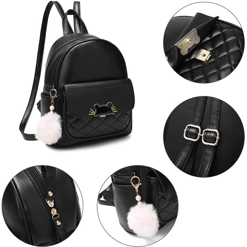 Mini Backpack for Women Cute Leather Small Bookbag with Cat Shaped Lock-White