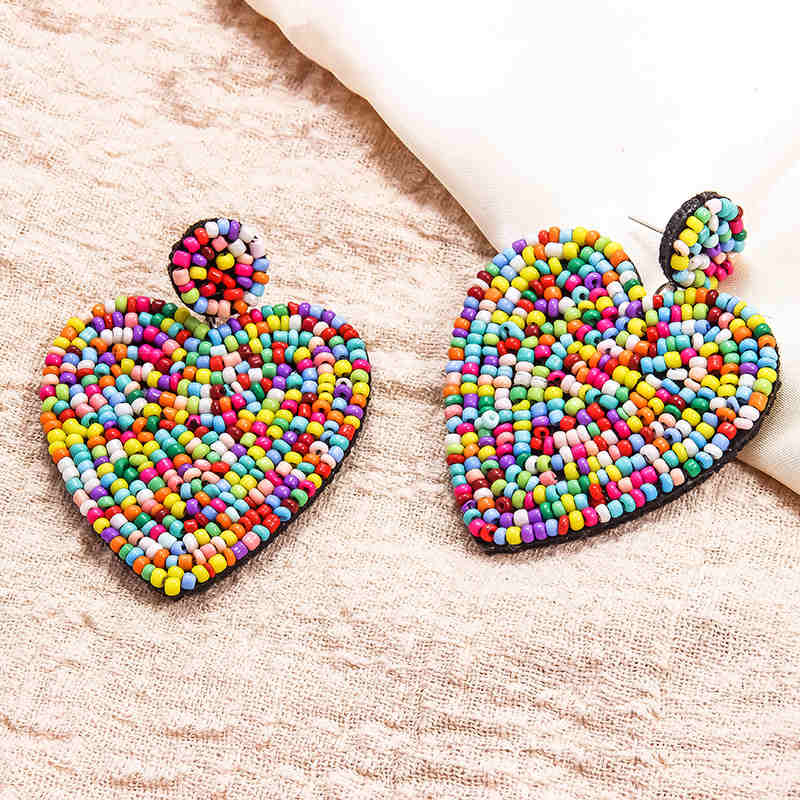 Heart Hoop Dangle Beaded Earrings-Colorful