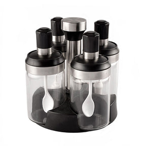 Revolving 4-Jar Seasoning Organizer Rack Built-in Spoon Moisture-Proof-SS304 Lid