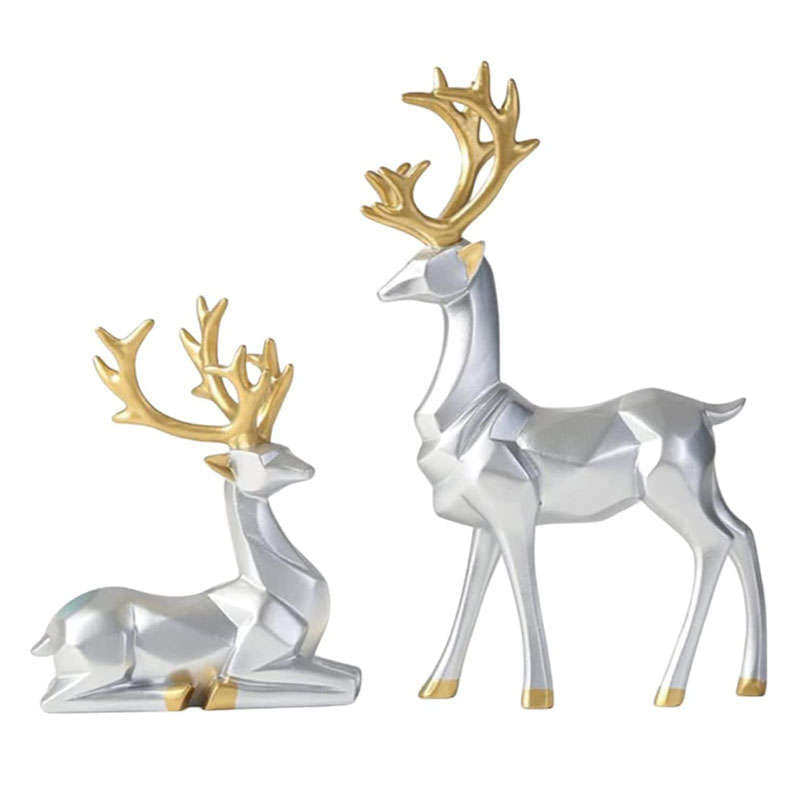 2Pcs Nordic Resin Geometric Elk Sitting Standing Deer Statues for Living Room-Silver