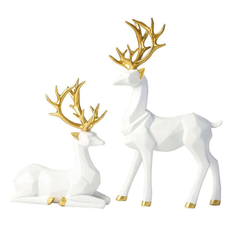 2Pcs Nordic Resin Geometric Elk Sitting Standing Deer Statues for Living Room-White