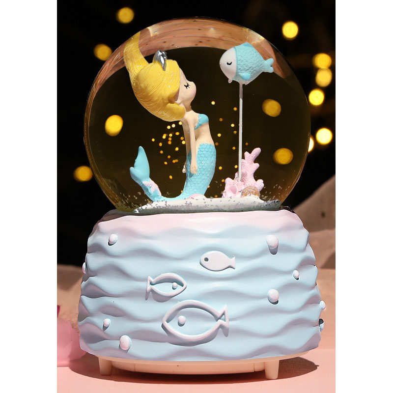 Mermaid Princess Snow Globes with Music LED Light Birthday Gift for Girls-Blue