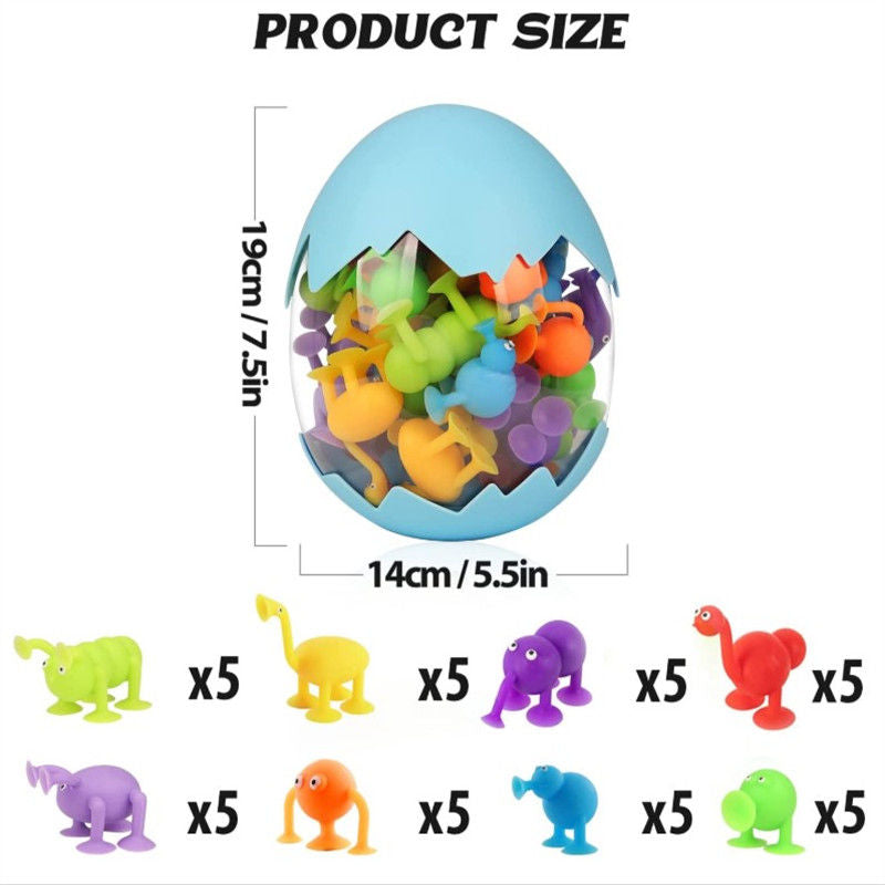 40 Pcs Kids Bath Toys Silicone Animal Sucker with Dinosaur Eggshell Storage