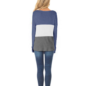 Womens Long Sleeve V-neck Autumn T-shirt Loose Top with Pockets-Blue