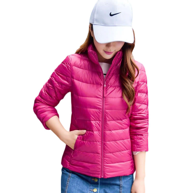 Lookbook Womens Lightweight Puffer Jacket Winter Stand Collar Short Coat-Rose Red
