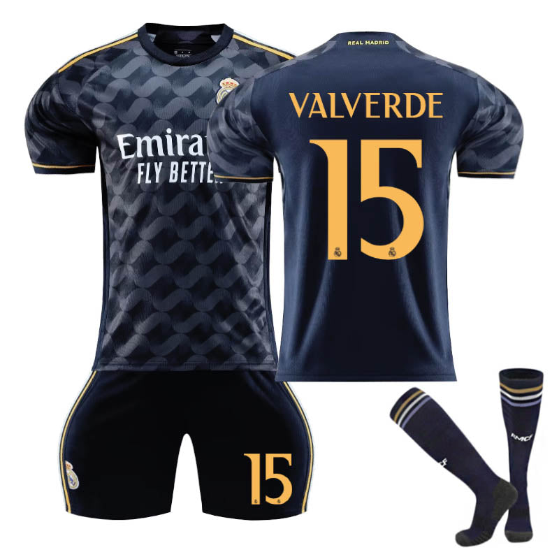 Real Madrid Away Jersey VALVERDE #15 Soccer Jersey Kids Adult 3Pcs Jersey Kits