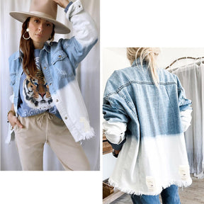 Women Ripped Denim Jacket Boyfriend Mid Long Trucker Coat-BlueWhite