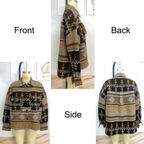 Womens Aztec Jacket Retro Lapel Long Sleeve Coat with Pockets-Yellow